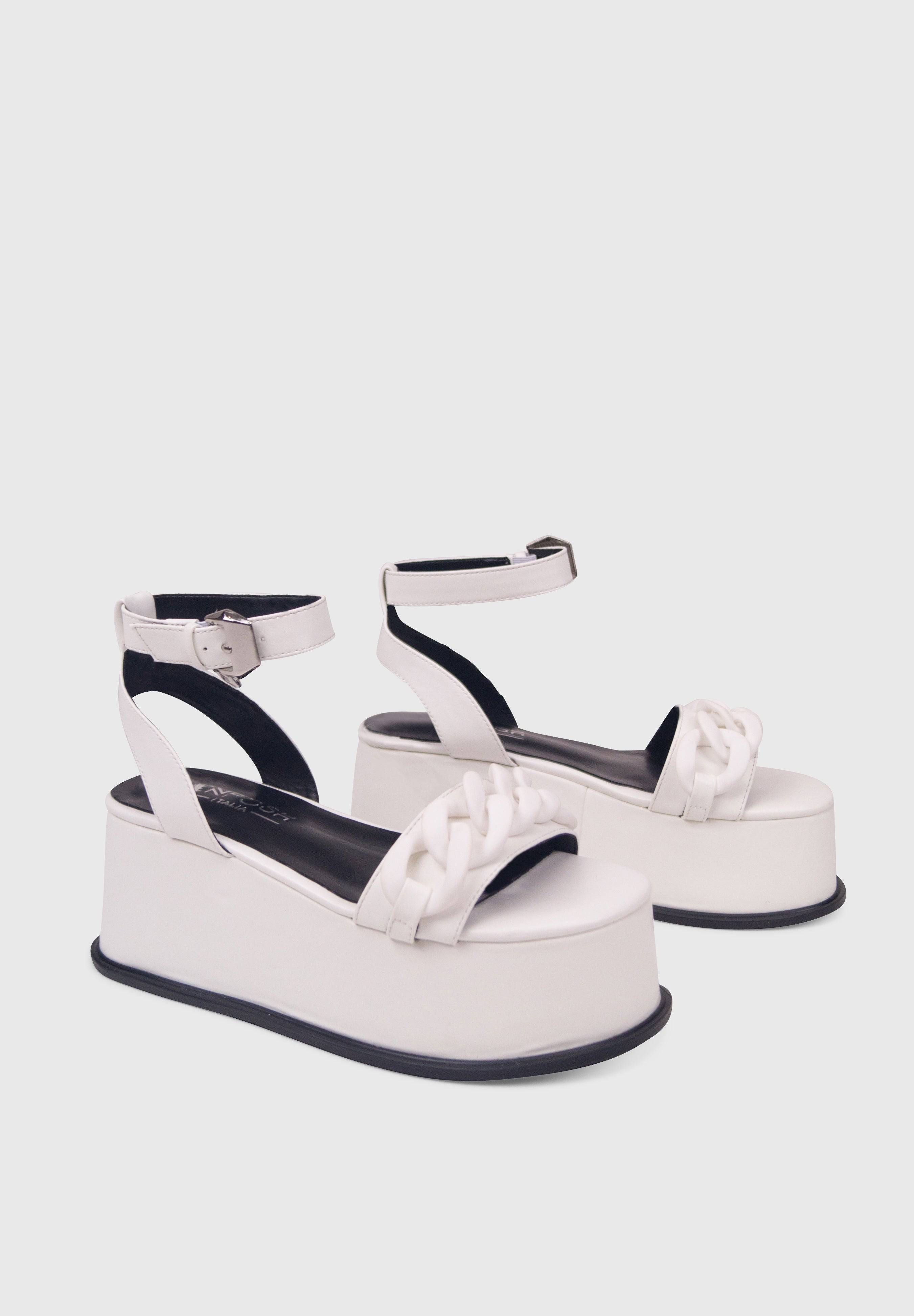 TESS Bianco Vegas - Sandali zeppa flatform con dettaglio catena opaca | ENPOSH